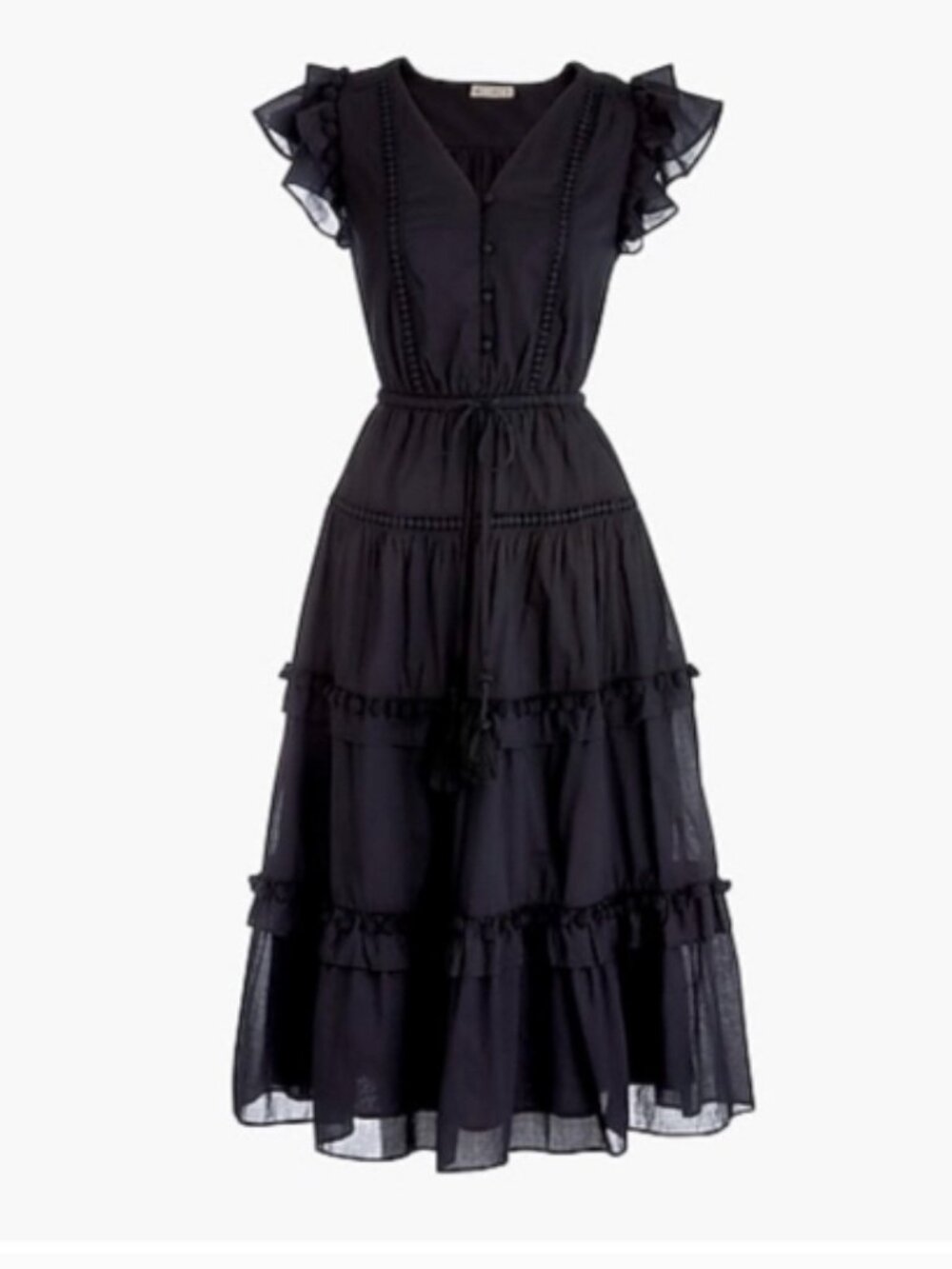 J. Crew Boho Cottage Core Pom-Pom Dress in Cotton Voile Black Size 4 NWT
